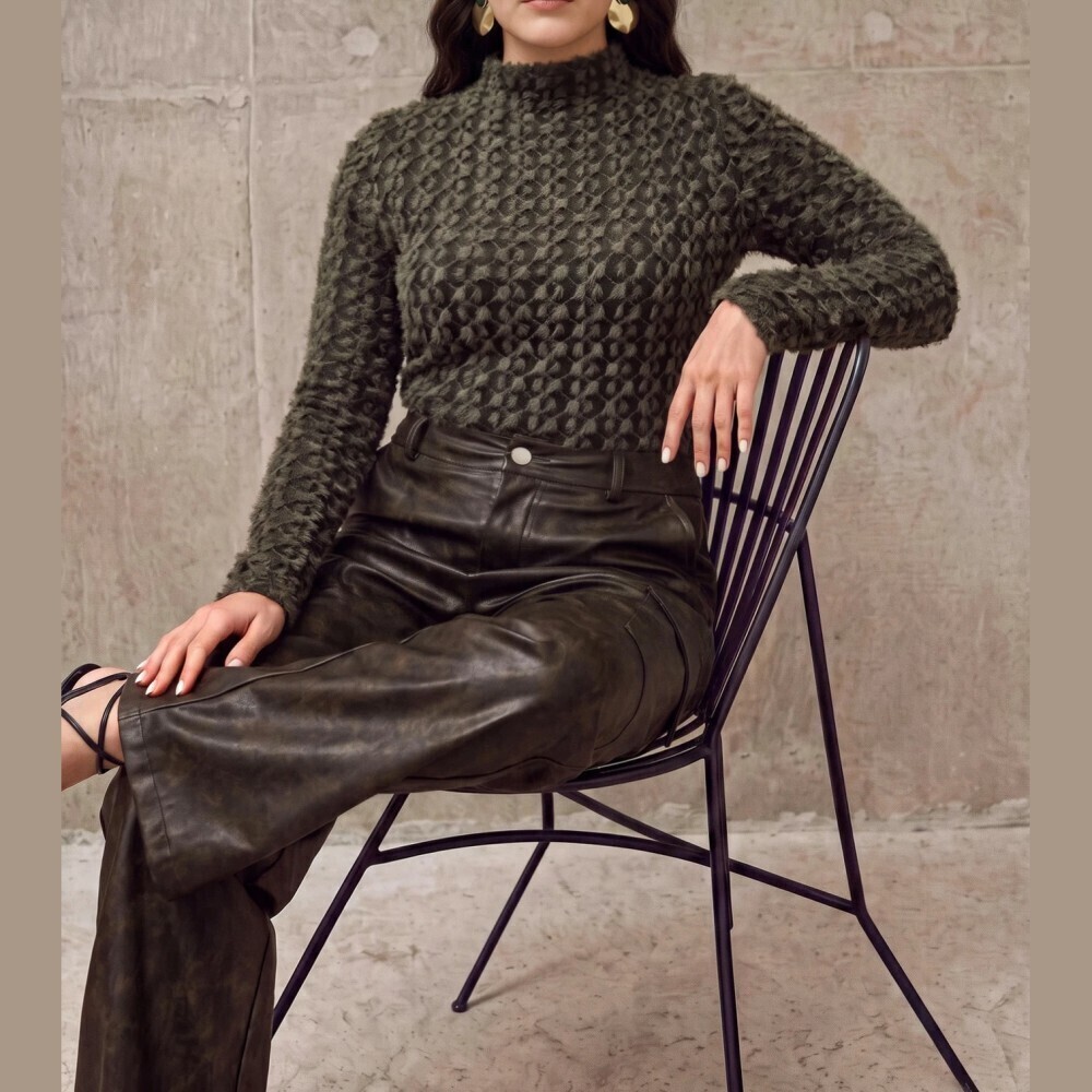 Olive Green Textured Knit High Neck Long Sleeve Slim Fit Top